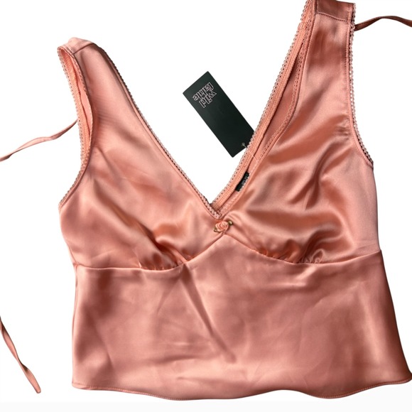 Wild Fable Peach Orange Satin Cami Top with Lace Trim, Rose Detail, XS - Picture 2 of 7
